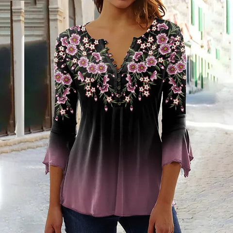 Fashion Ruili floral print V-neck three-quarter sleeve T-shirt m300035