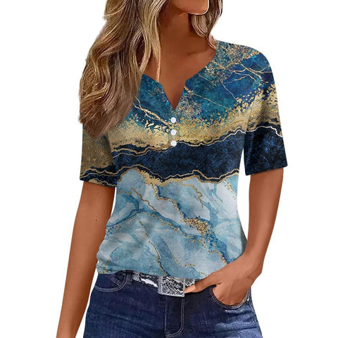 V-neck three-button 3D printed short-sleeved women's top m300617