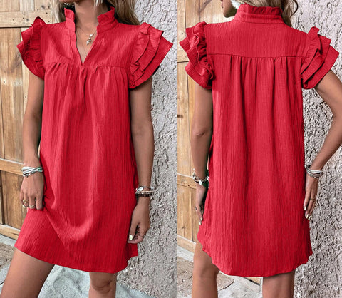 Versatile multi-layer lotus leaf sleeve V-neck pullover dress m301019