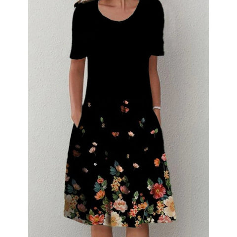 Spring/Summer Flower Printed Round Neck Pocket Mid length Dress for Women's Clothing m300037