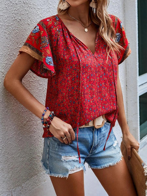 Casual famous style print V-neck short-sleeved loose shirt m300885