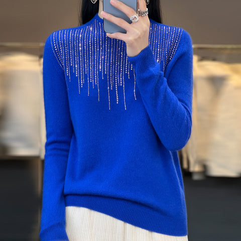 Pure wool semi-turtleneck short diamond-encrusted pullover knitted sweater m300559