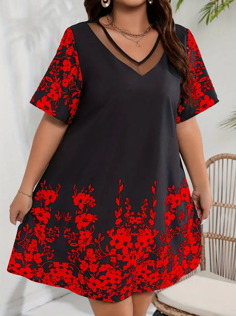 Loose Comfort and Casual Printed Stitching Mesh Short Sleeve Dress M300199