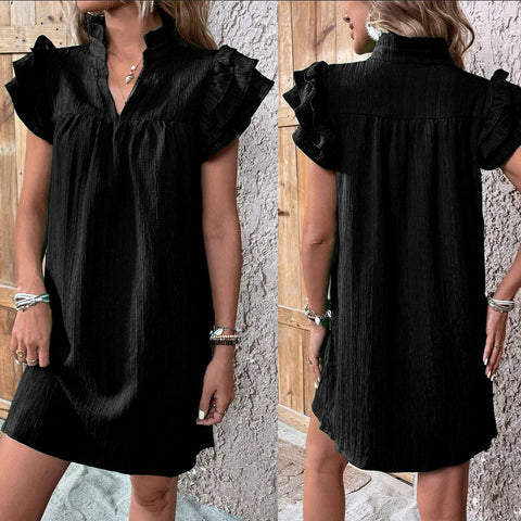 Versatile multi-layer lotus leaf sleeve V-neck pullover dress m301019