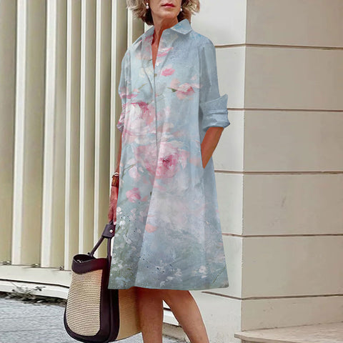 Gentle wind floral 3D digital printing single row open button shirt dress m300914