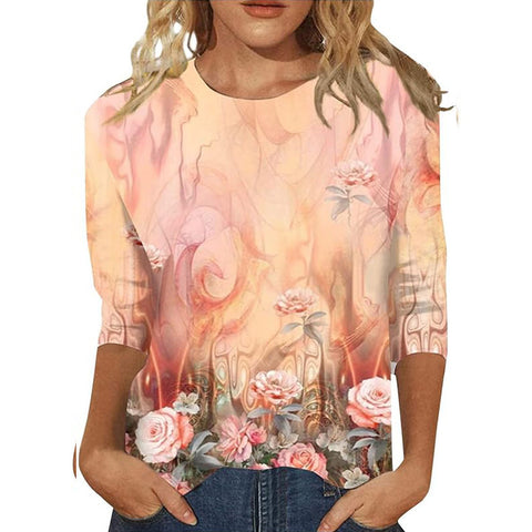 Seven-quarter sleeve plant flower 3D printing crew neck pullover m300615