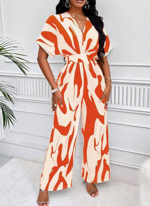 Women's full-body printed bat-sleeved wide-leg jumpsuit m300971