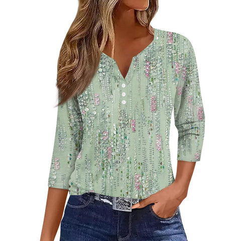 V-neck three-button seven-quarter sleeves, floral smudge printing, fashionable and casual loose women's clothing m300565