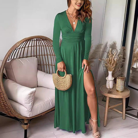 Pleated high waist split evening dress solid color dress m300723