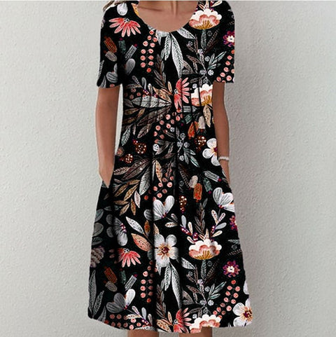 Spring/Summer Flower Printed Round Neck Pocket Mid length Dress for Women's Clothing m300037