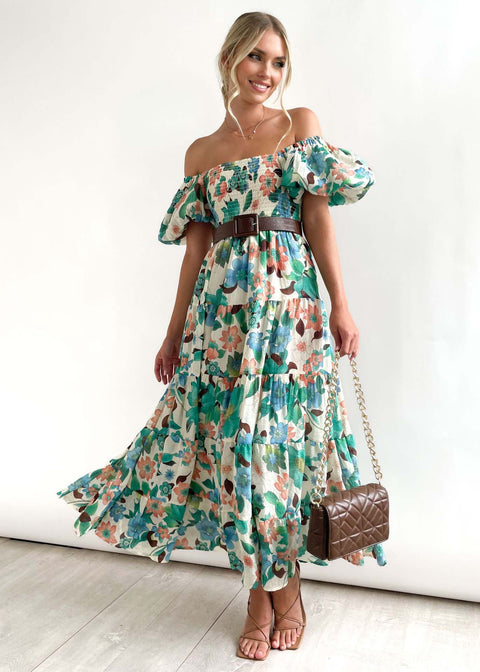 Puff Sleeve Holiday Slim Looking Long Dress off-Shoulder Printed Dress Female M300282