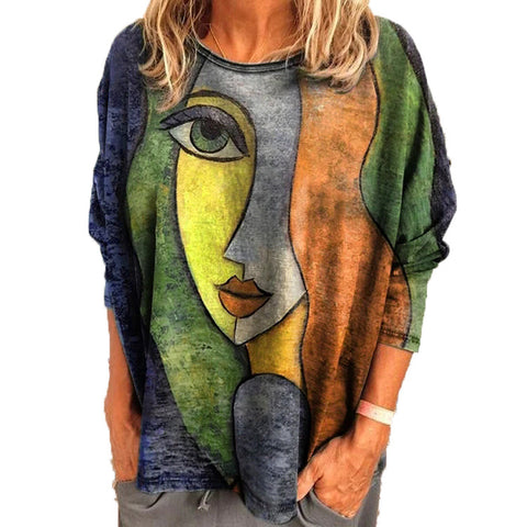 Large size women's face printing long-sleeved loose T-shirt women's m300665