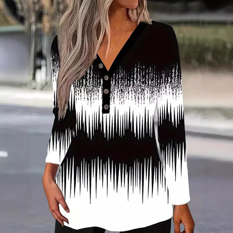 Color matching printed V-neck T-shirt casual long-sleeved top m300645