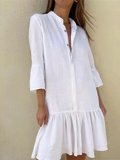 Stand-up collar button-down nine-quarter sleeve shirt cotton pleated hem dress m300679