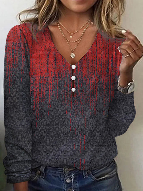 V-neck star tie-dye pearl button long-sleeved T-shirt sweater m300609