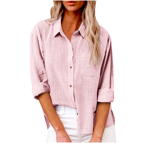 Autumn pocket long-sleeved women's cotton and linen shirt m300463