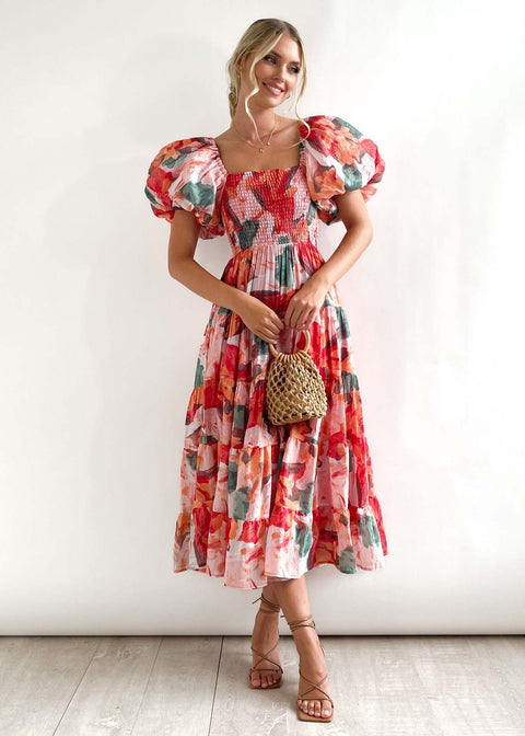 Puff Sleeve Holiday Slim Looking Long Dress off-Shoulder Printed Dress Female M300282