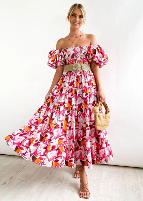 Puff Sleeve Holiday Slim Looking Long Dress off-Shoulder Printed Dress Female M300282