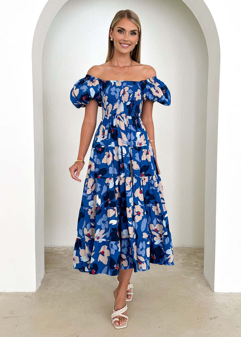 Puff Sleeve Holiday Slim Looking Long Dress off-Shoulder Printed Dress Female M300282