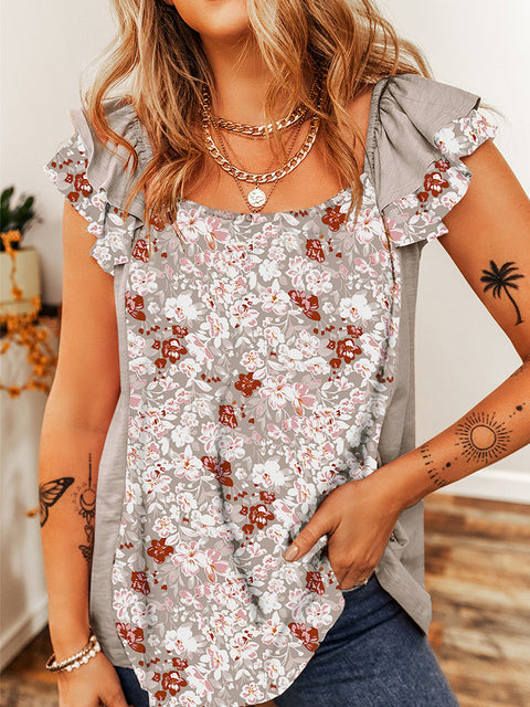 Pleated short-sleeved bohemian floral print vest t-shirt top m301034