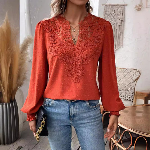 Fashion V-neck lace solid color long-sleeved casual women's top m300947