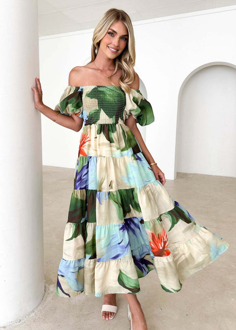 Puff Sleeve Holiday Slim Looking Long Dress off-Shoulder Printed Dress Female M300282