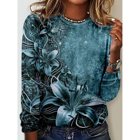 Long Sleeve T-Shirt Women's Solid Color Flower m300934