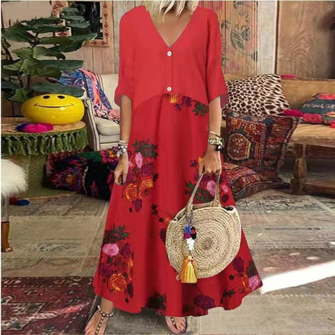 V-neck Short Sleeve Printed Long Dress Button Casual Skirt M300187