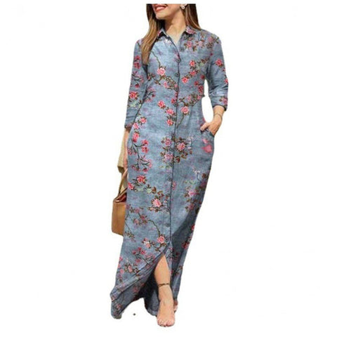 Women's Casual Positioning Printing Pocket Lapels Collar Button Length Dress M300186