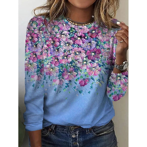 Long Sleeve T-Shirt Women's Solid Color Flower m300934