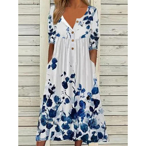 Printed V-neck button short sleeved dress with women's pockets and long skirt m300028