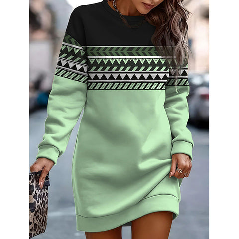 Printed contrasting color crew neck sweater dress m300862