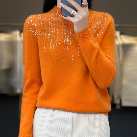 Pure wool semi-turtleneck short diamond-encrusted pullover knitted sweater m300559