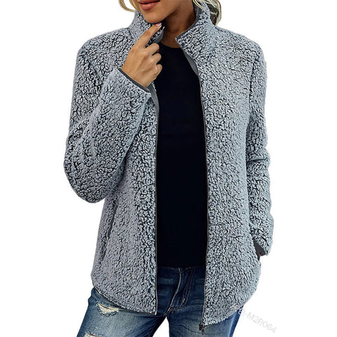 Solid color top sweater women's casual fashion long-sleeved zipper bubble fleece jacket m300462