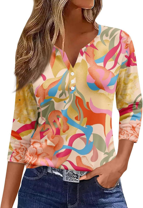 Marble pattern V-neck three-button seven-quarter sleeve women's clothing m300581