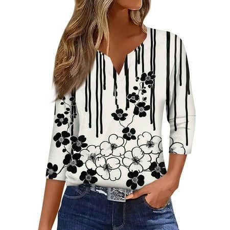 V-neck three-button seven-quarter sleeves, floral smudge printing, fashionable and casual loose women's clothing m300565