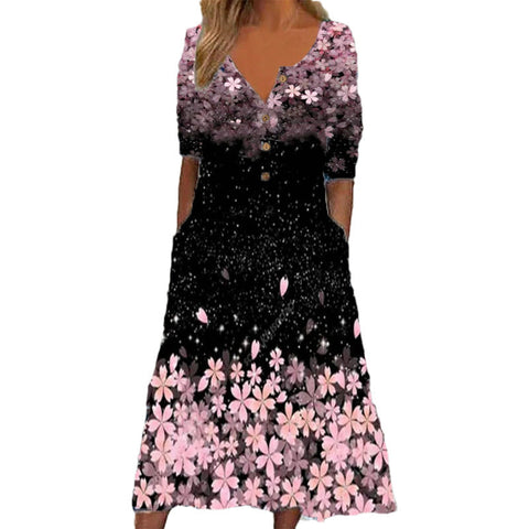 Printed V-neck button short sleeved dress with women's pockets and long skirt m300028