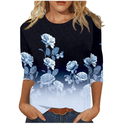 Seven-quarter sleeve plant flower 3D printing crew neck pullover m300615