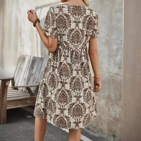 Fashion printed V-neck short-sleeved loose medium dress m301014