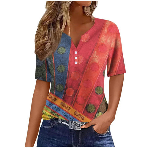 V-neck three-button 3D printed short-sleeved women's top m300617