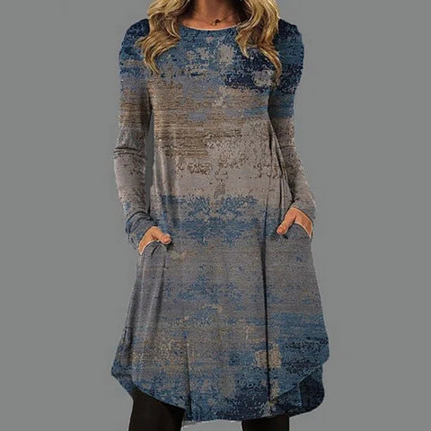 Farbblock-Kleid mit rundem Ausschnitt und langen Ärmeln über dem Knie in A-Linie m161512287 