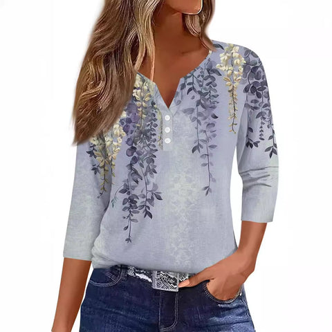 3D printed women's V-neck three-button seven-quarter sleeve fashion casual top m300616