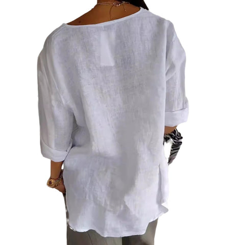 Loose T-shirt Women's V-neck cotton and linen button-up top m300385