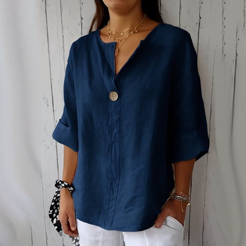 Loose T-shirt Women's V-neck cotton and linen button-up top m300385