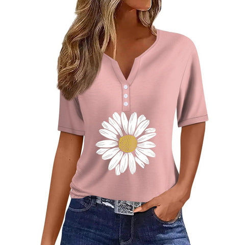 V-neck three-button 3D printed short-sleeved women's top m300617