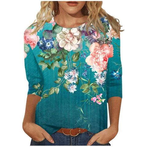 Seven-quarter sleeve plant flower 3D printing crew neck pullover m300615