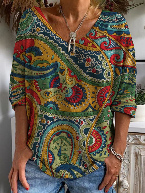 Casual V-neck long-sleeved loose pullover ethnic digital printing women's T-shirt m300607