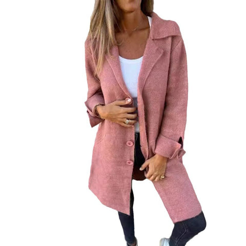 Women's solid color lapel with pocket cardigan single-breasted medium and long coat m300614