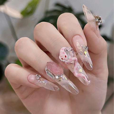 Pure handmade manicure wearing nail piece fake nail sticker pure ice through pink snake baby manicure patch m3331214