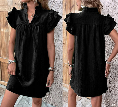 Versatile multi-layer lotus leaf sleeve V-neck pullover dress m301019